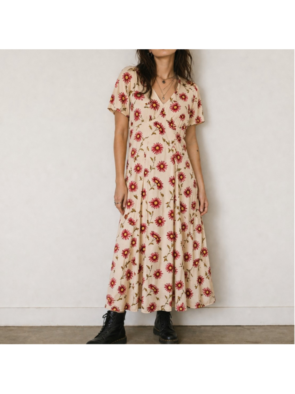 VTG 90s Hang Ten Womens Floral Babydoll Midi Dress Size 10 Cream Grunge Cottage